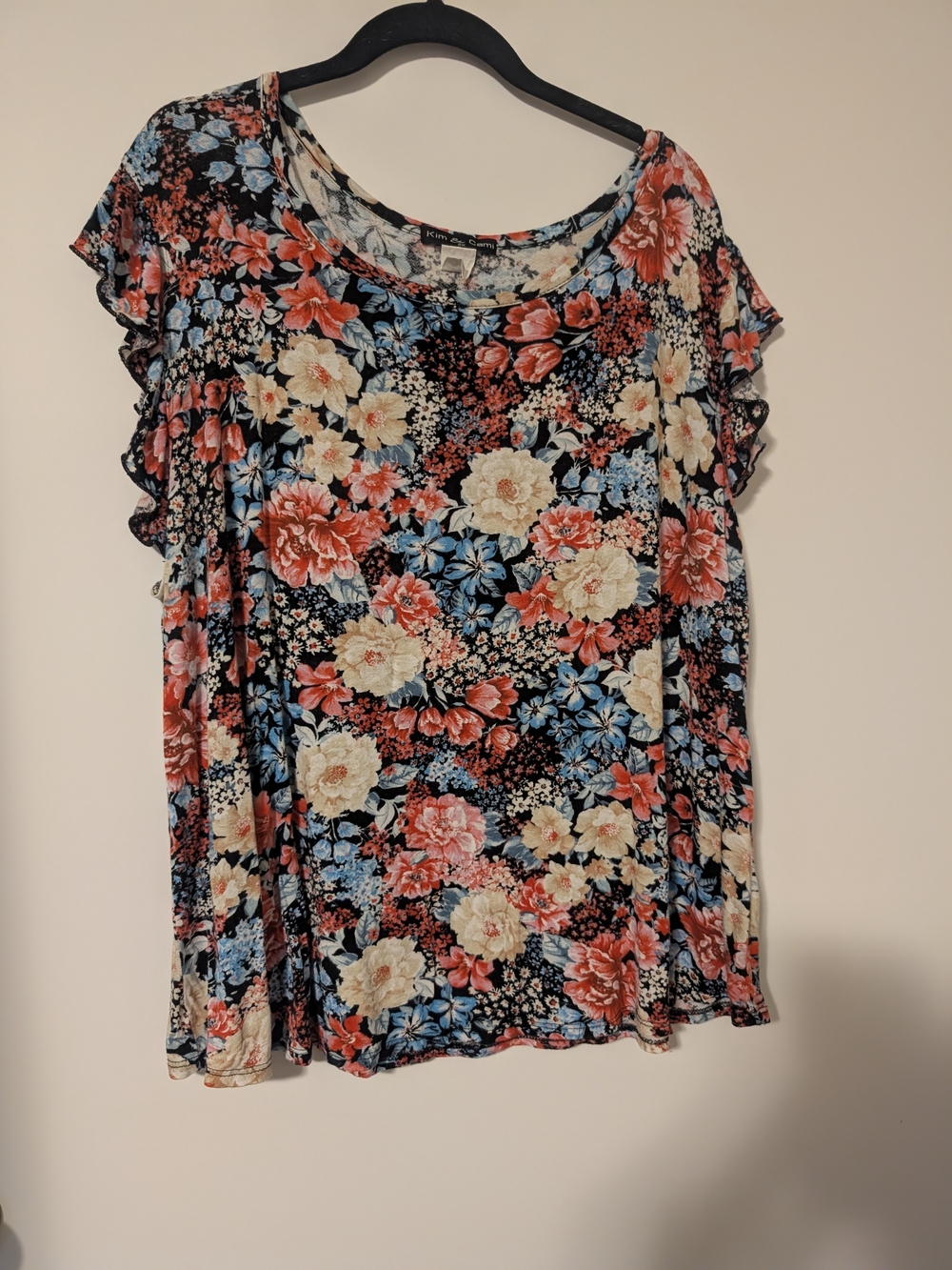Kim & Cami Black Floral Short Sleeve Top with Cream, Coral, and Blue Blooms